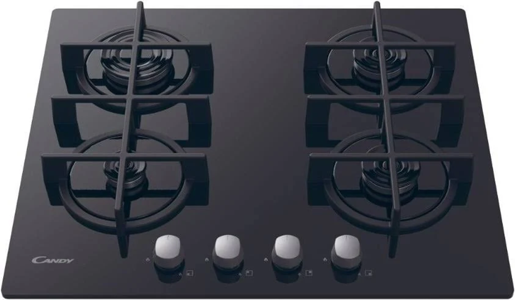 Czarna płyta grzewcza ze szkła z czterema palnikami i pokrętłami. Powierzchnia jest czysta i odbijająca światło.