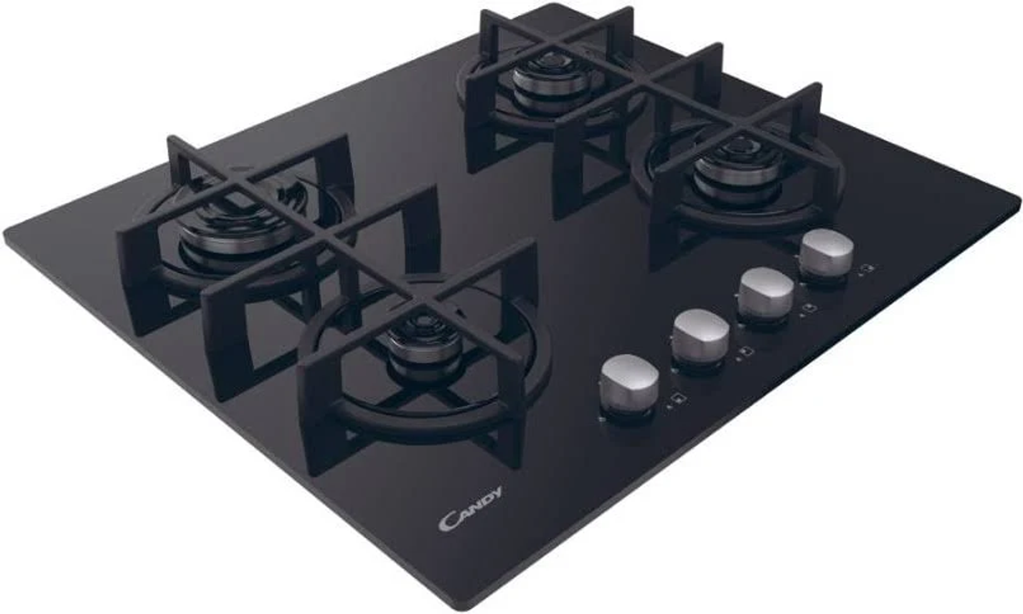 Czarna, wbudowana płyta grzewcza Candy z czterema palnikami i srebrnymi pokrętłami. Płyta znajduje się na czarnej powierzchni.
