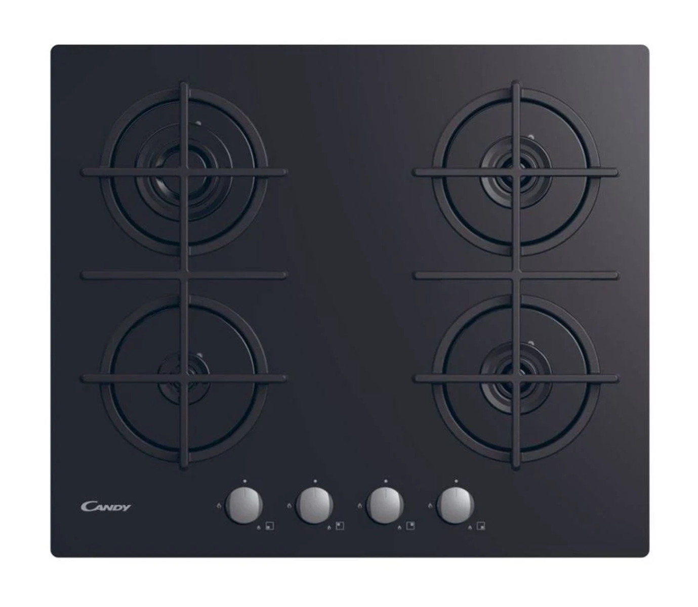 Czarna płyta gazowa z czterema palnikami. Marka Candy.