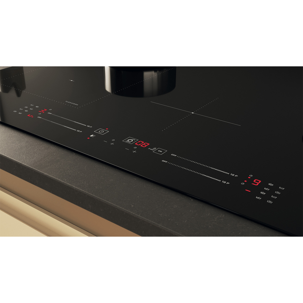 Czarna płyta grzewcza z panelami dotykowymi i czerwonymi wyświetlaczami.