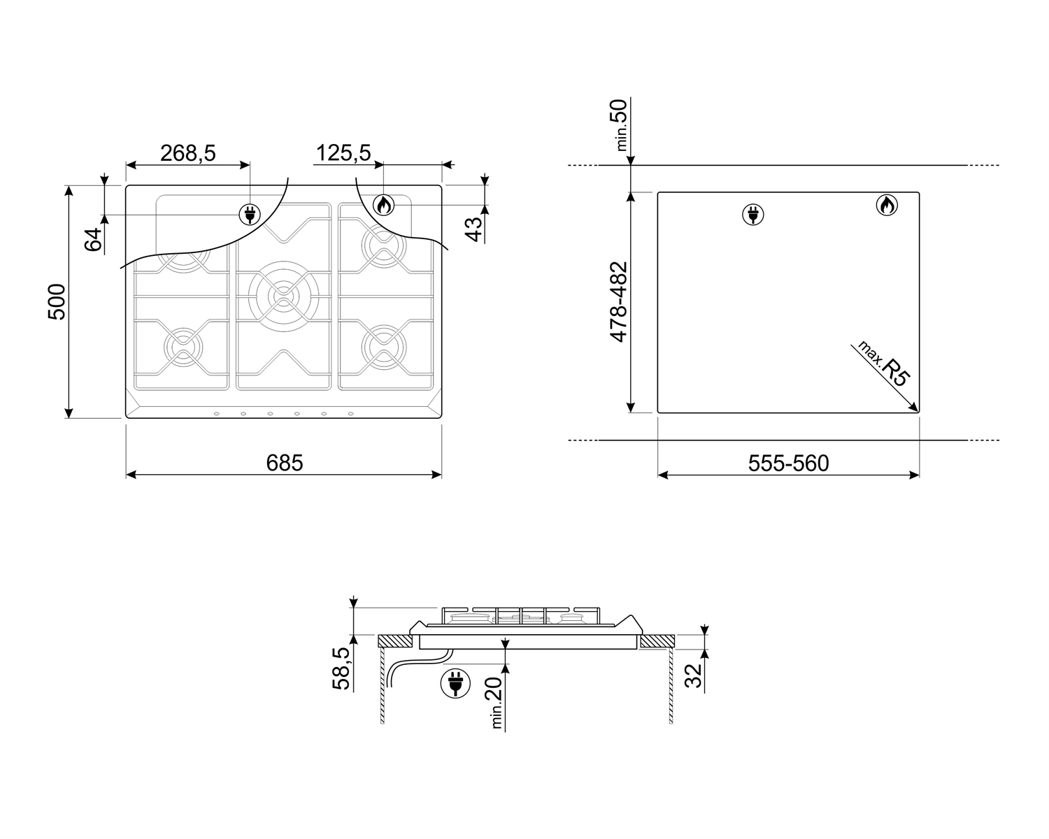 Disegno tecnico di un piano cottura a gas. Dimensioni e misure sono indicate con frecce.