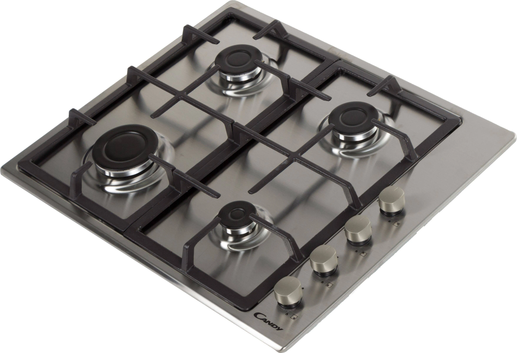 Płyta gazowa ze stali nierdzewnej z czterema palnikami i pokrętłami sterowania.