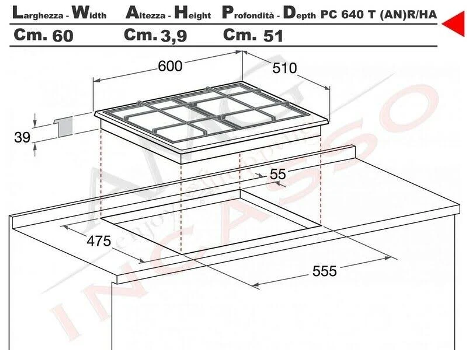 Schemat kuchenki z wymiarami w centymetrach, pokazujący wycięcie do instalacji.