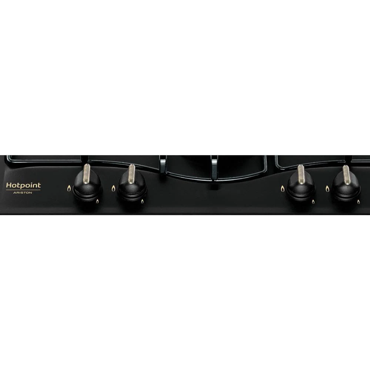 Czarna płyta gazowa z czterema pokrętłami i logo 'Hotpoint Ariston'.