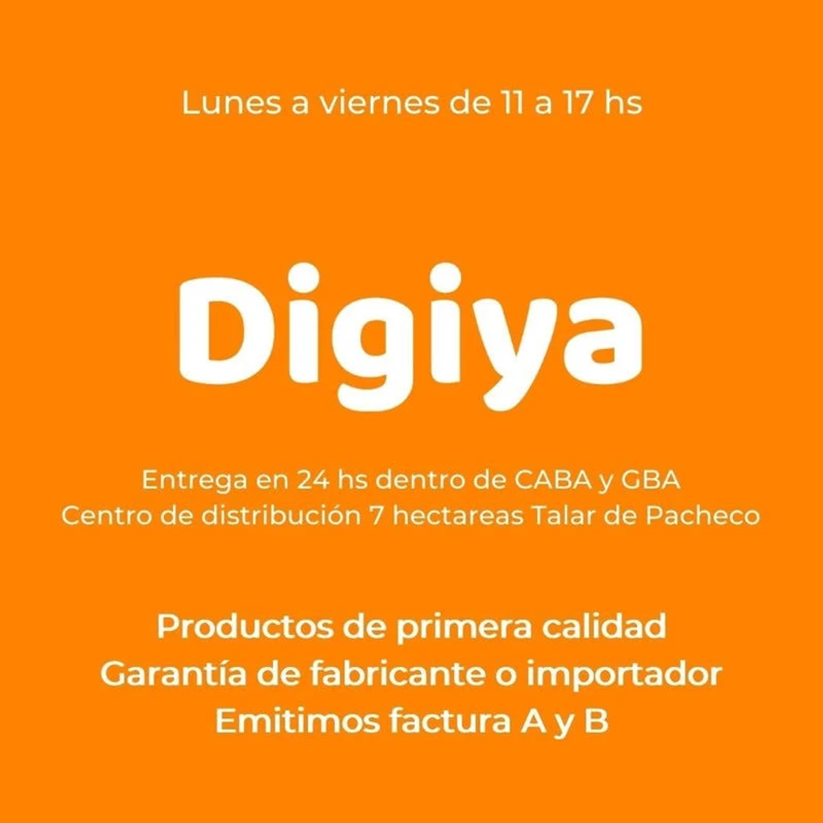 Pomarańczowe tło z białym tekstem: Digiya, dostawa w 24 godziny i inne szczegóły.