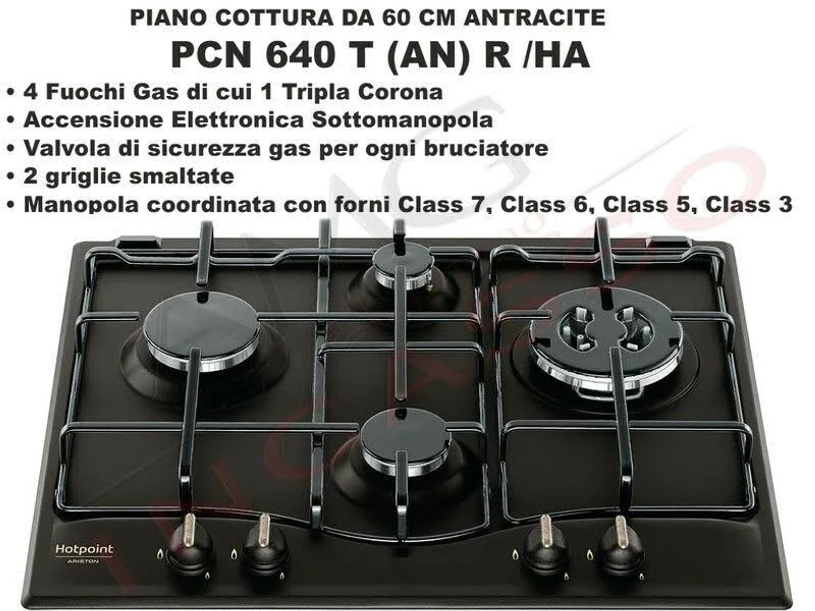 Widok z góry na płytę gazową Hotpoint z 4 palnikami i pokrętłami. Czarna powierzchnia, nakładka tekstowa.