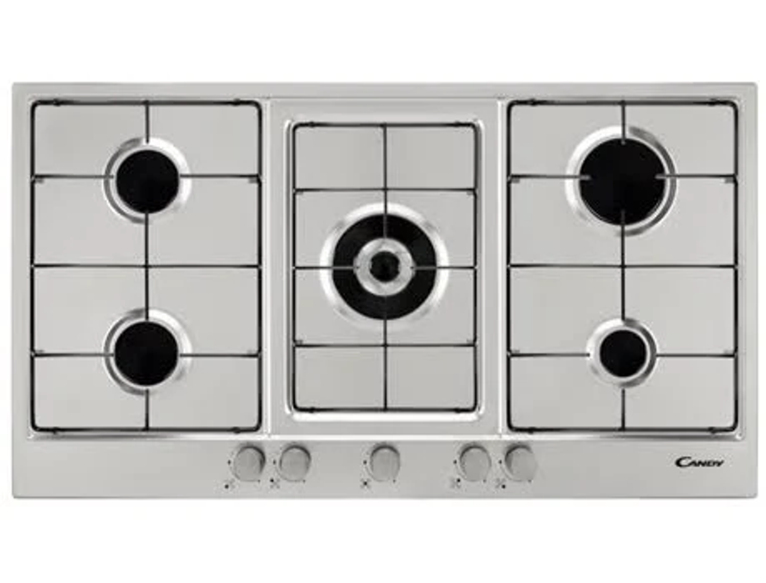 Srebrna płyta gazowa z pięcioma palnikami, z rusztem i pokrętłami na dole.