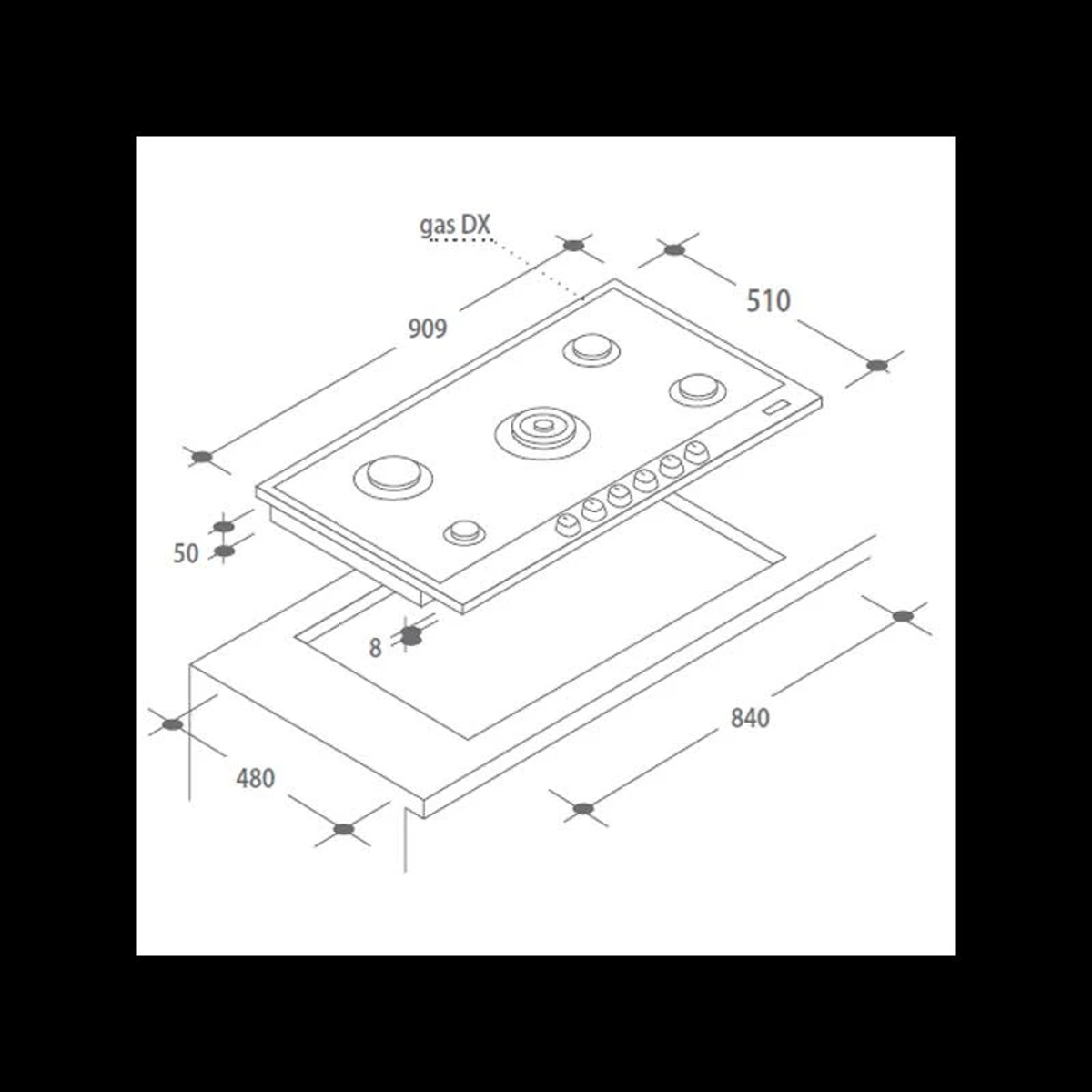 Schemat z góry płyty grzejnej z wymiarami.