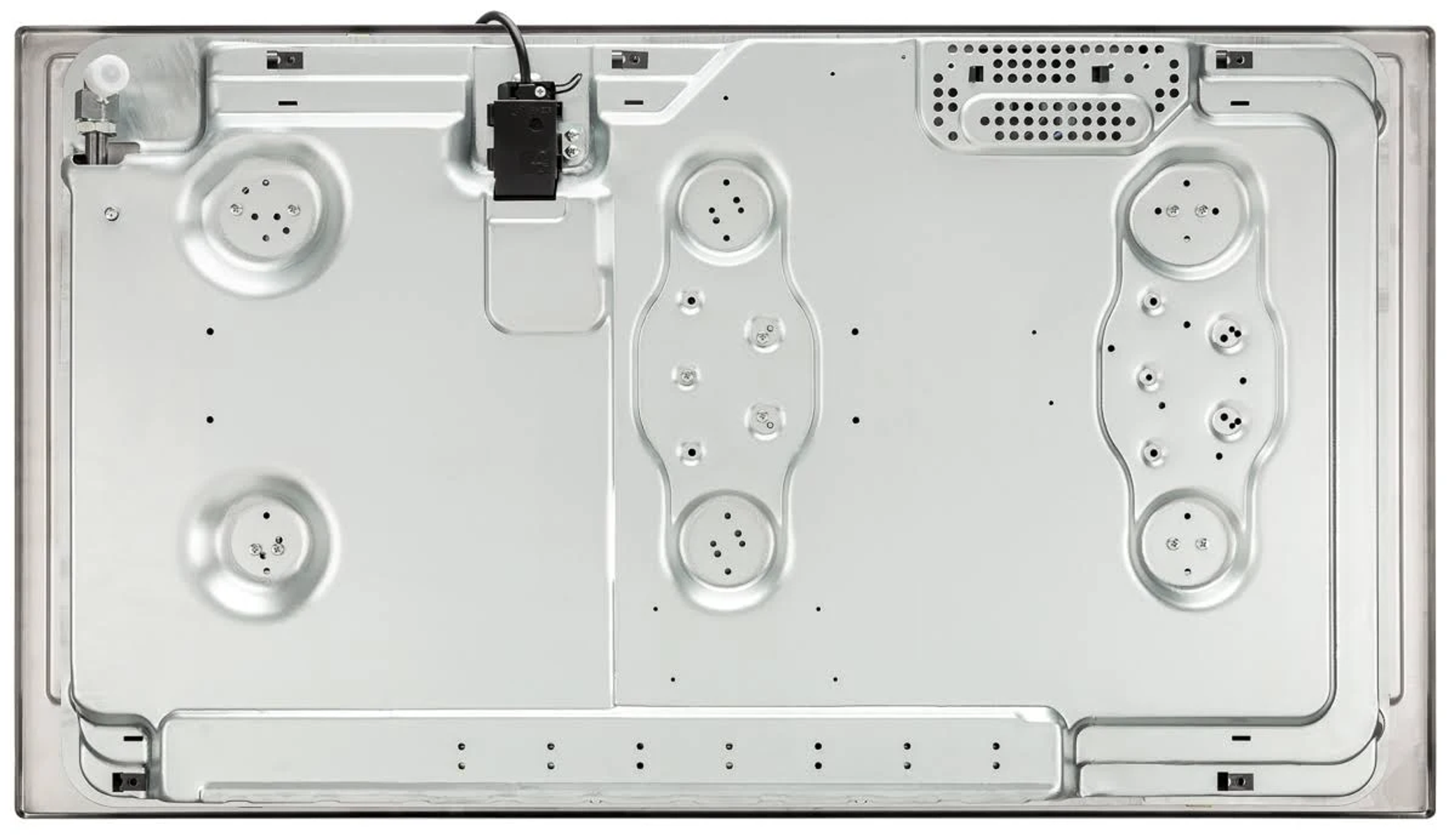 Spód płyty grzejnej, pokazujący elementy palnika i połączenia elektryczne.