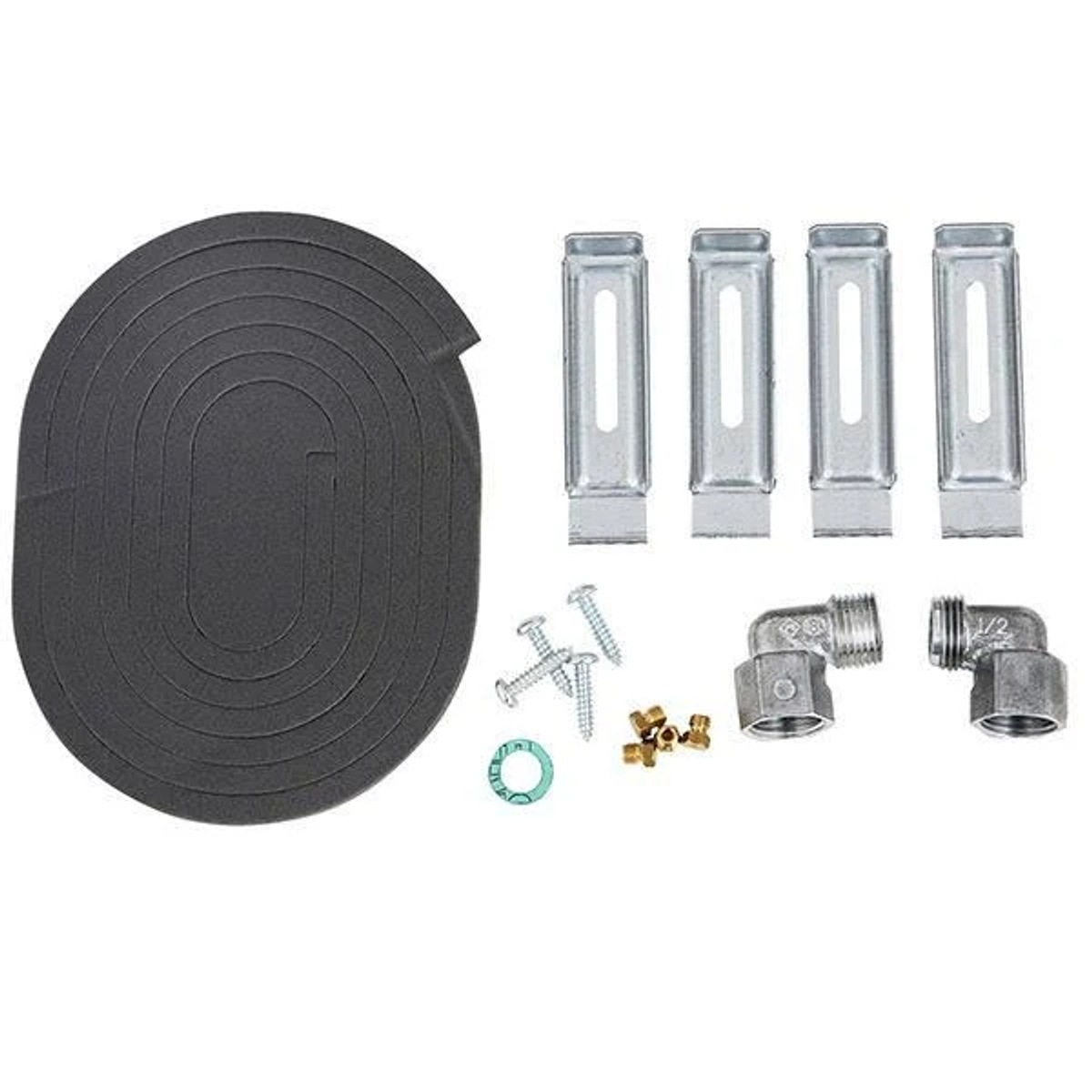 Różne części do urządzeń, w tym wsporniki, śruby i uszczelka, prezentowane na białej powierzchni.