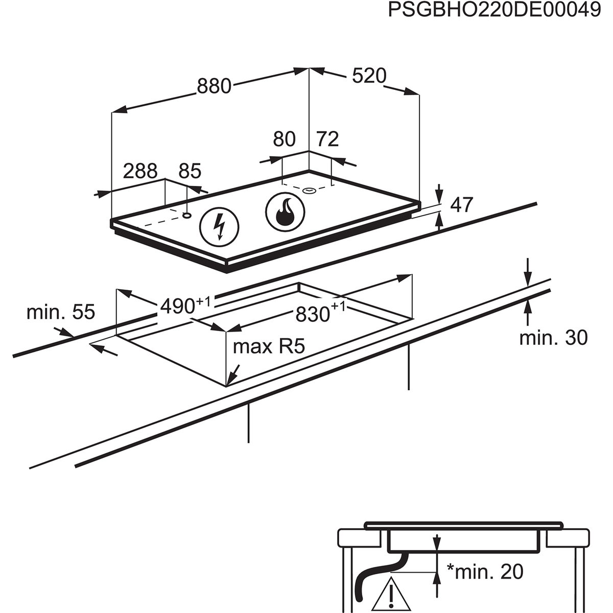Schemat z wymiarami i szczegółami technicznymi płyty grzewczej.