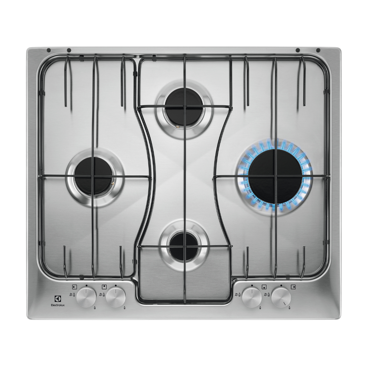 Widok z góry na gazową płytę ze stali nierdzewnej z czterema palnikami i pokrętłami.