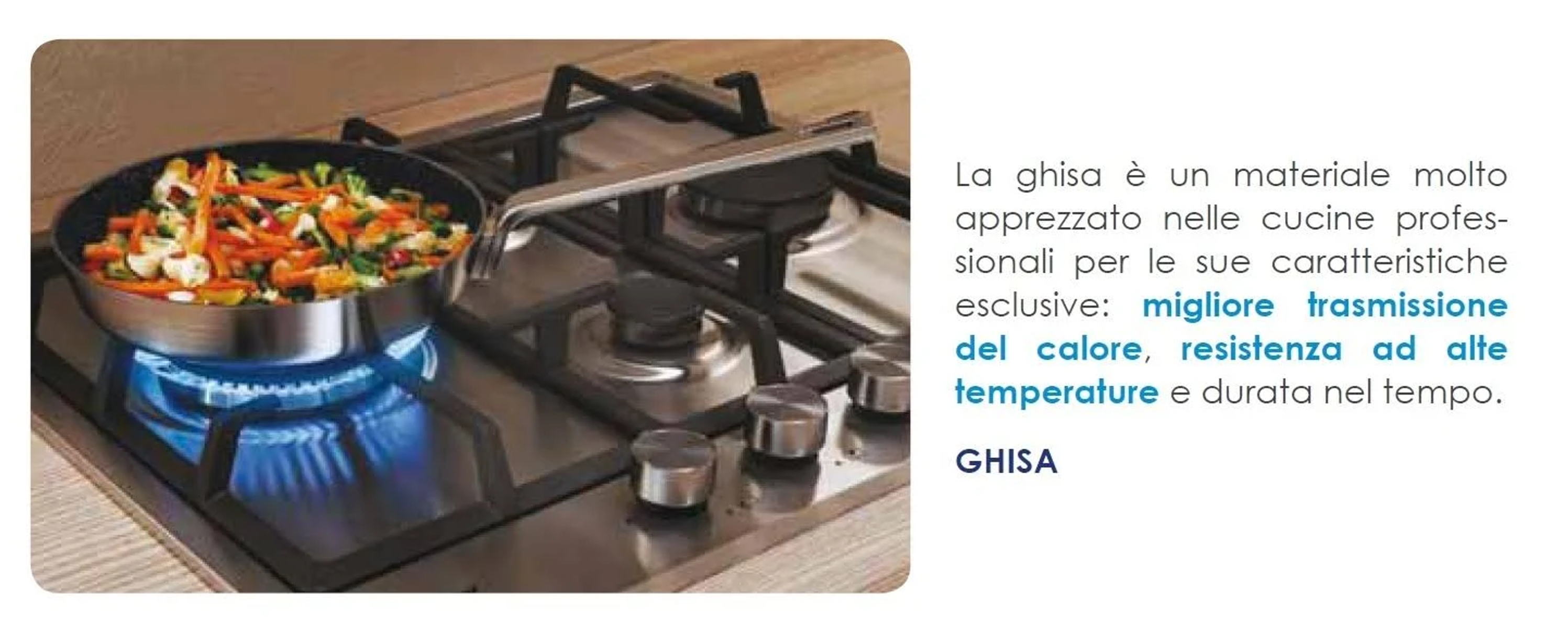 Patelnia z warzywami gotującymi się na kuchence gazowej, z tekstem o żeliwie.