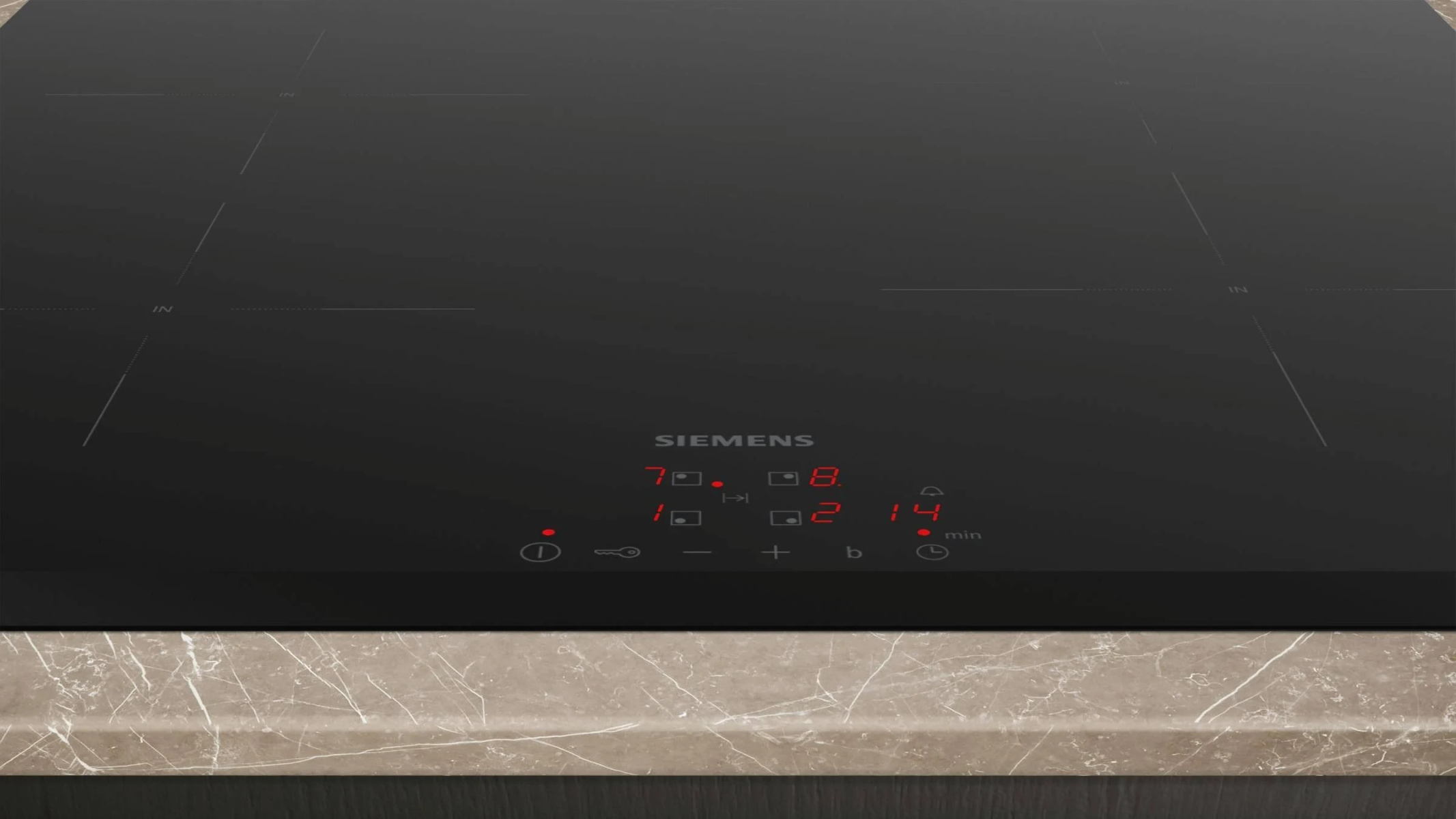 Een zwarte inductiekookplaat met een rood digitaal display met nummers en symbolen.