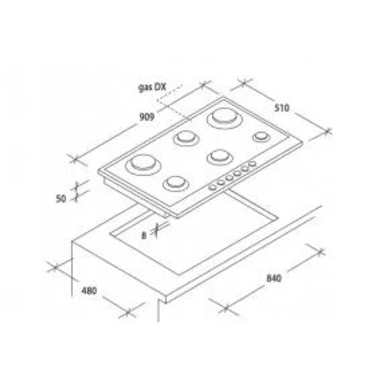 Schemat płyty gazowej z pięcioma palnikami i oznaczonymi wymiarami.