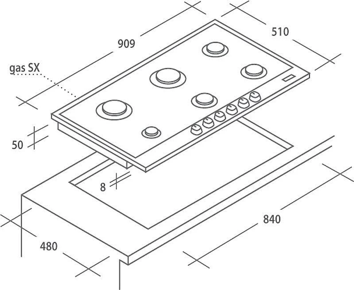 Schemat płyty gazowej, pokazujący wymiary oraz układ palników i elementów sterujących.