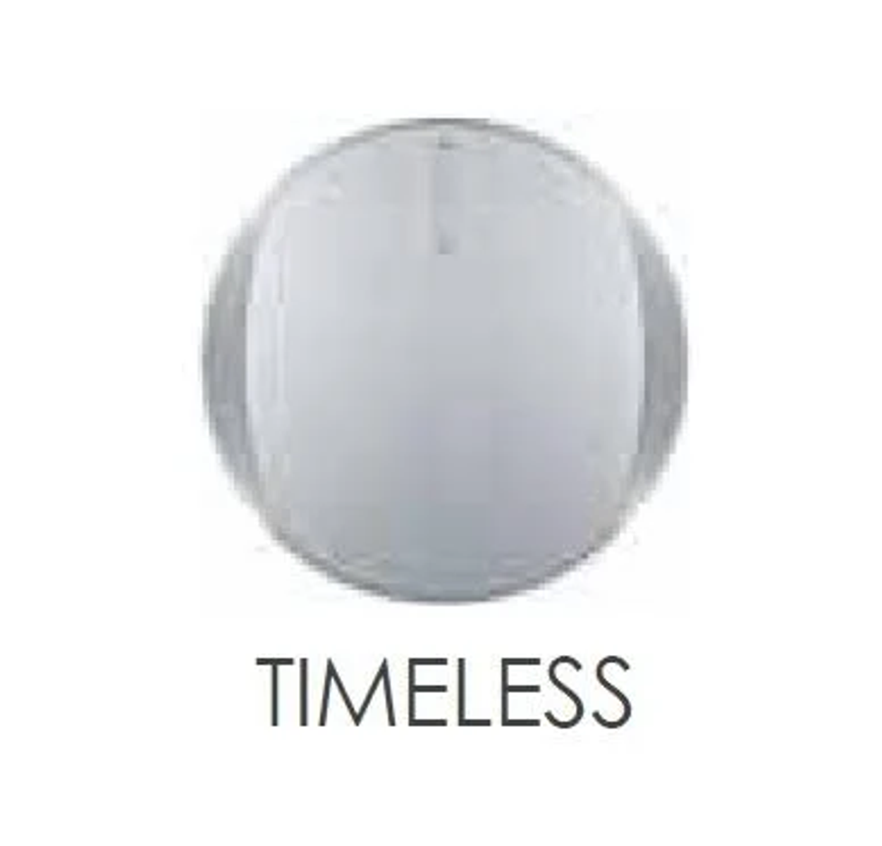 Przezroczysta szklana kula ze słowem 'TIMELSS' poniżej, na białym tle.