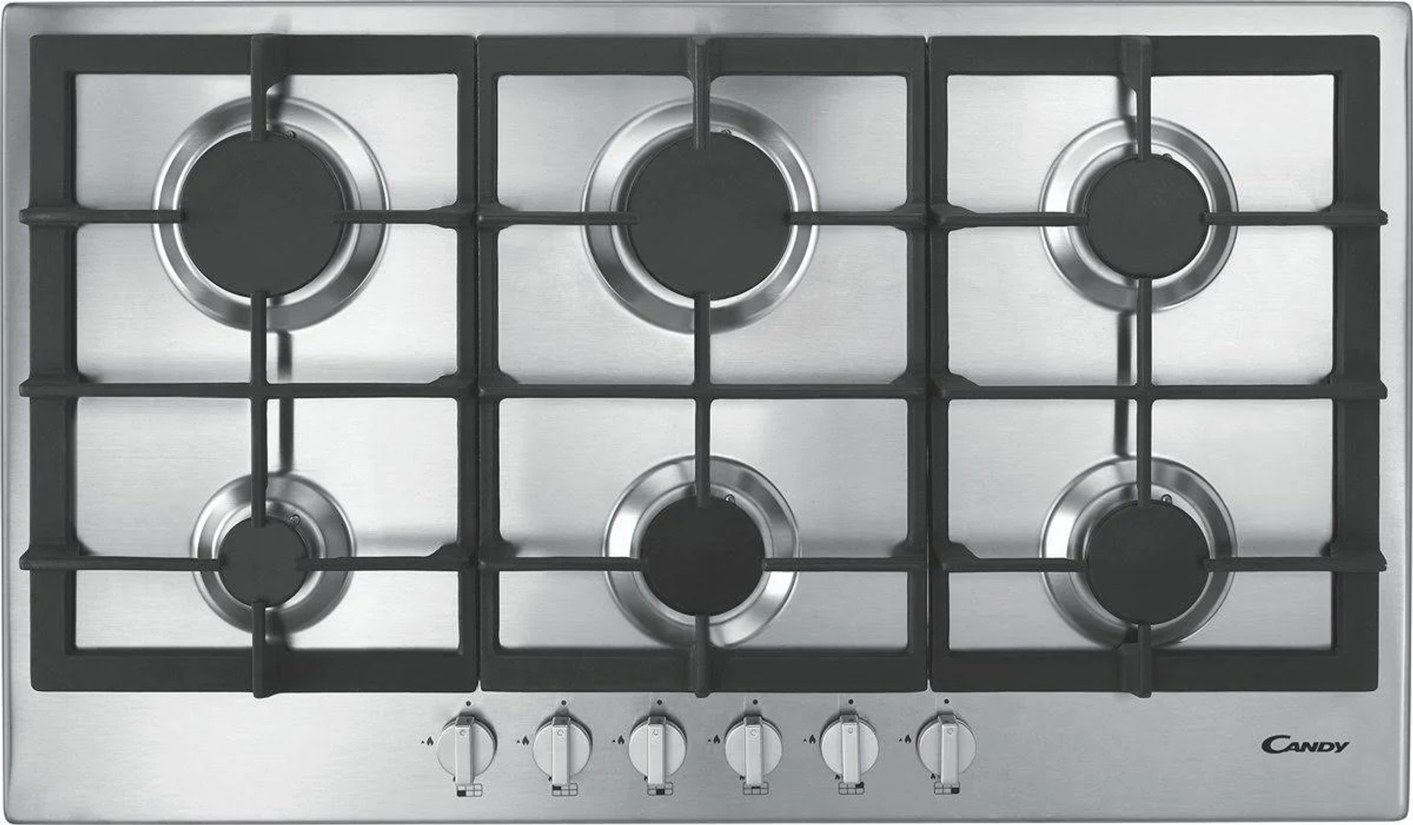 Gazowa płyta ze stali nierdzewnej z sześcioma palnikami i pokrętłami u dołu. Marka 'CANDY'.