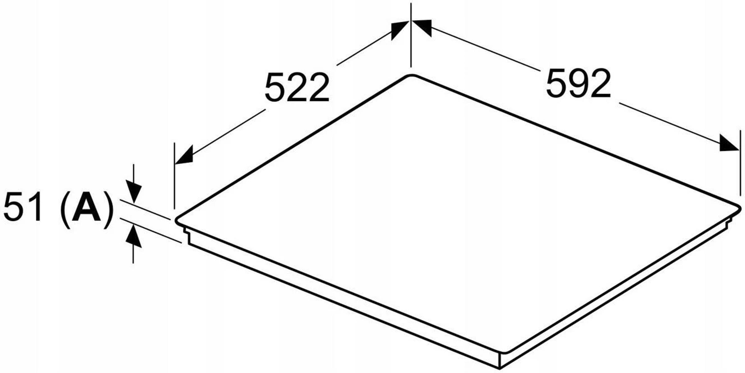 Diagramm mit Abmessungen eines Kochfelds. Es ist ein schwarzes Rechteck mit Messungen.