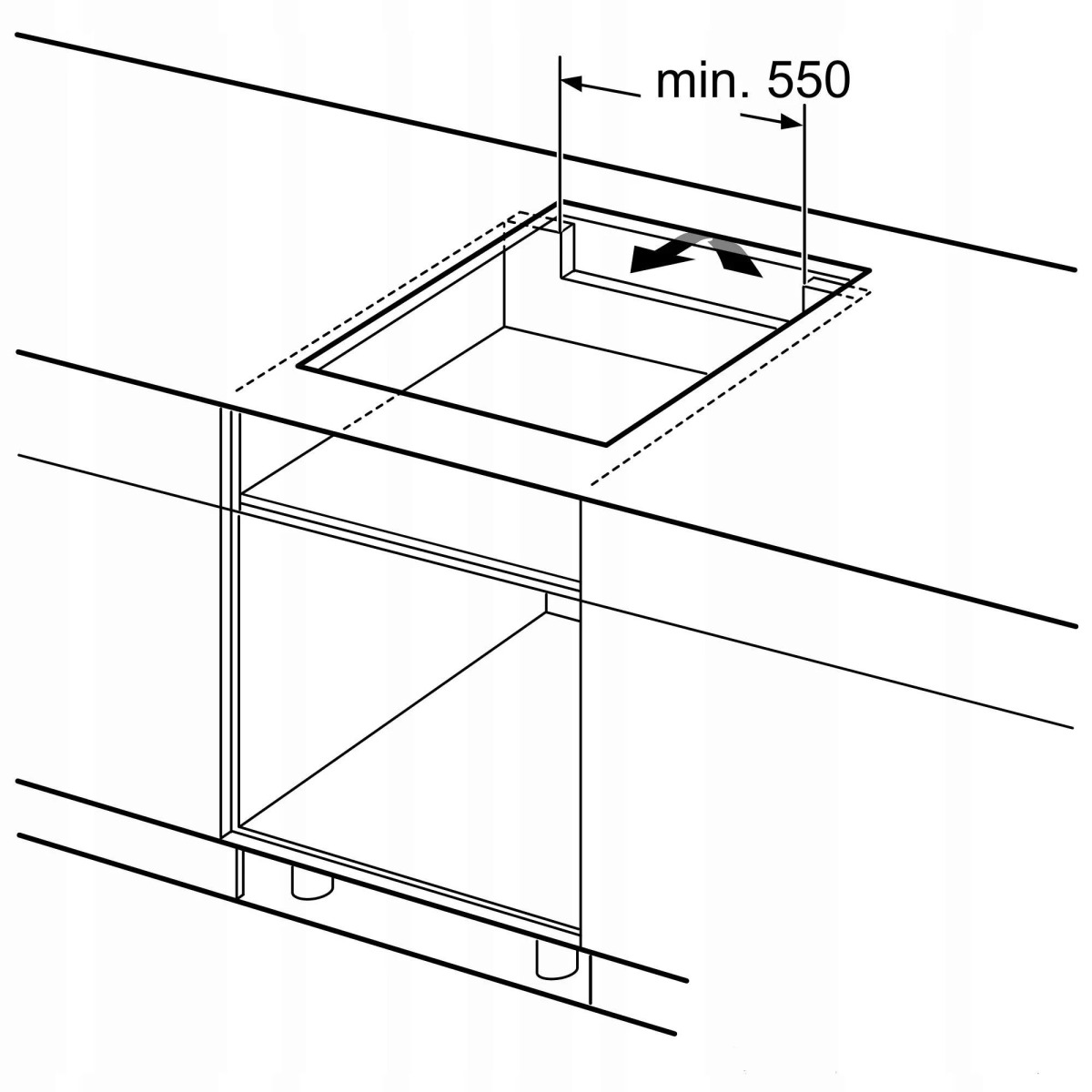 Diagramm mit den Abmessungen für den Einbau eines Induktionskochfelds in einen Schrank.