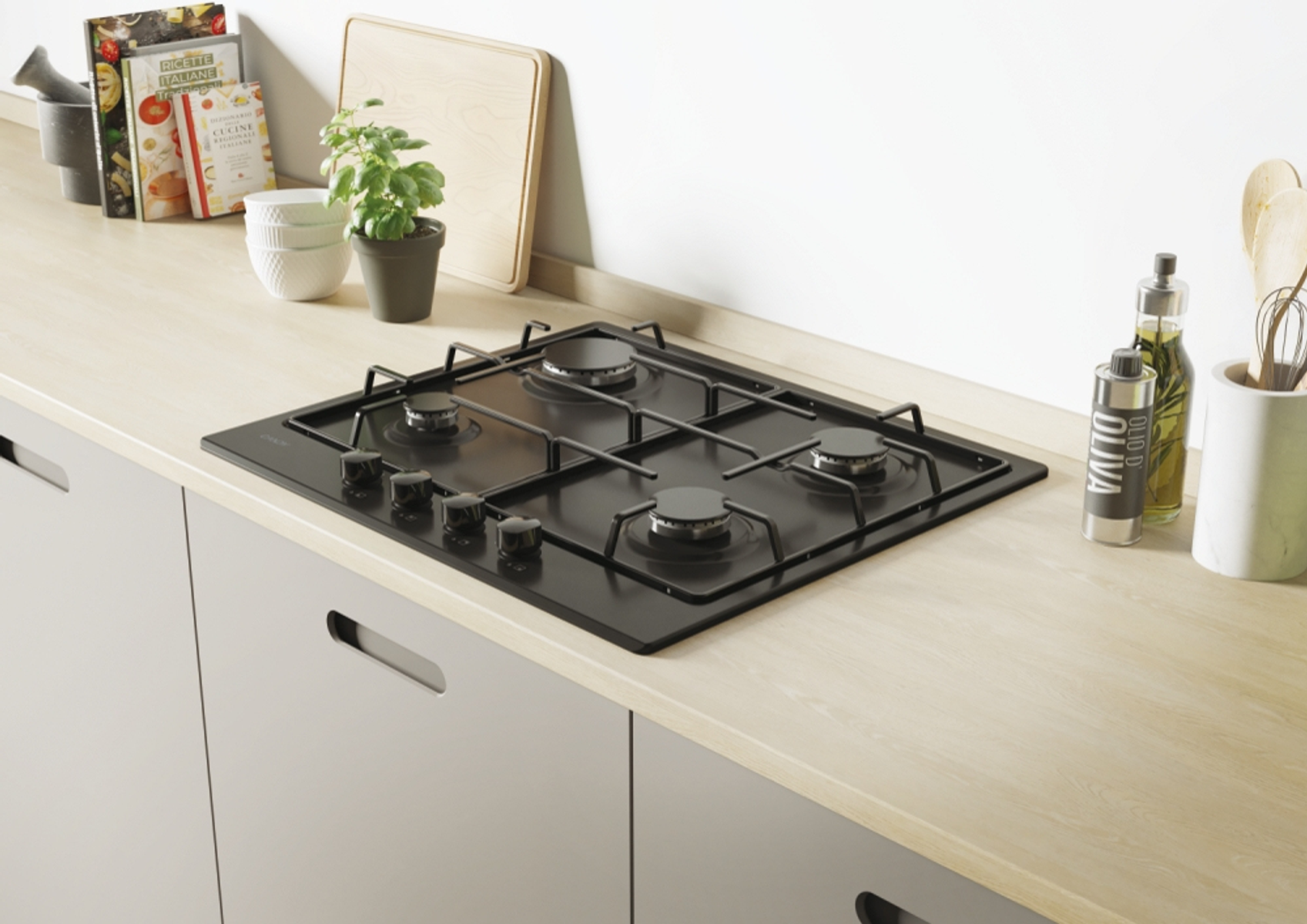 Zbliżenie palnika kuchenki gazowej i otaczającego go rusztu.