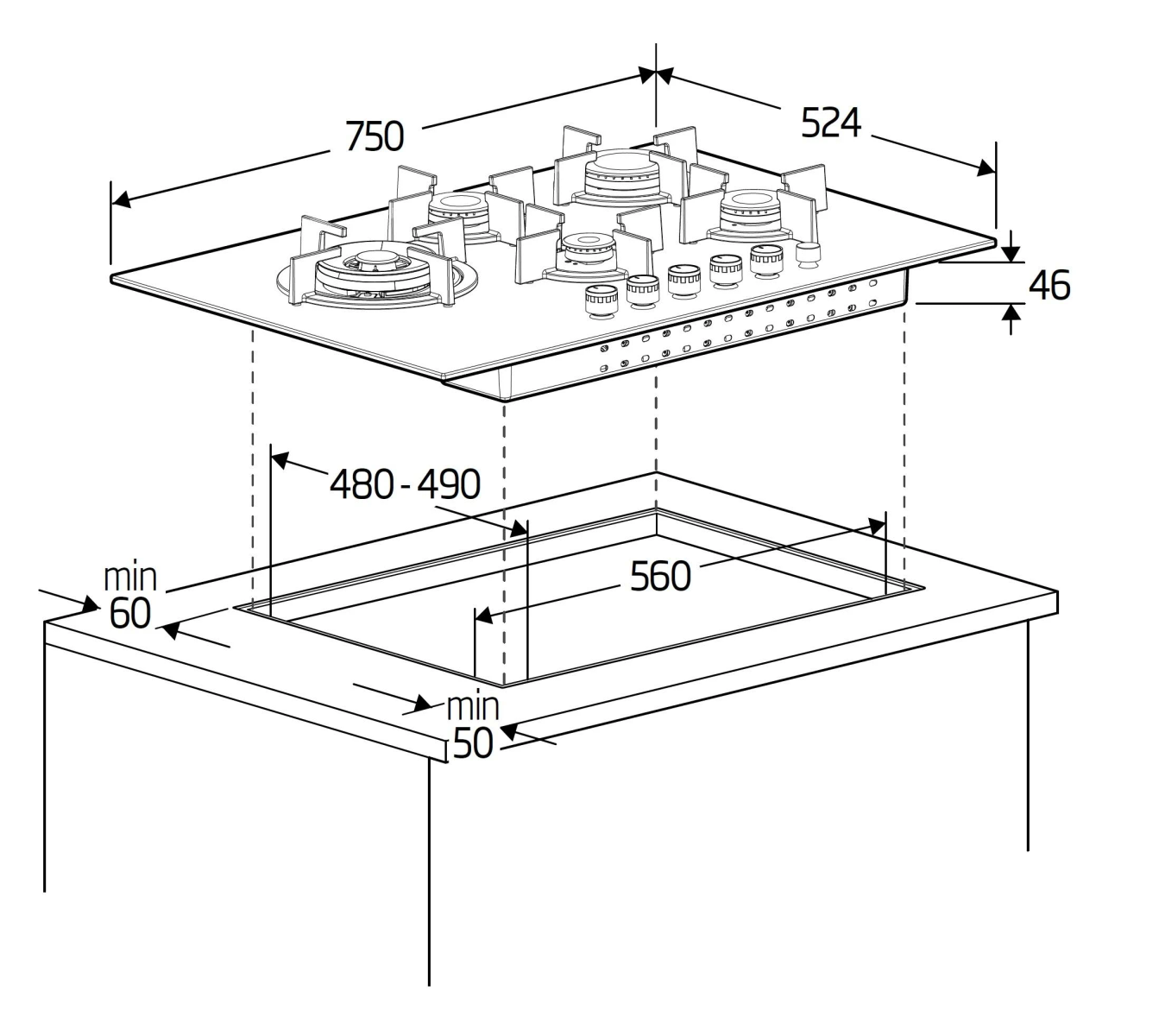 Schemat płyty gazowej z wymiarami w milimetrach. Pokazuje górę i przestrzeń montażową.