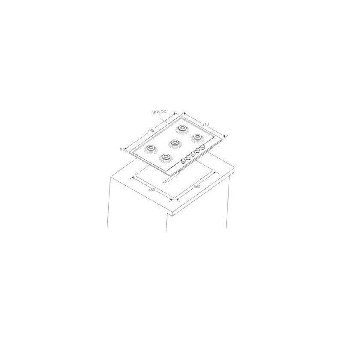 Un diagramma di un piano cottura che mostra le dimensioni e le posizioni dei bruciatori. È una vista dall'alto.