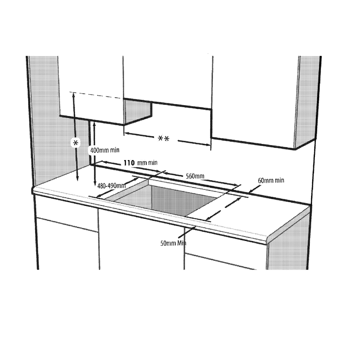 Schemat instalacji zlewu kuchennego, pokazujący wymiary i prześwity dla szafki i blatu.