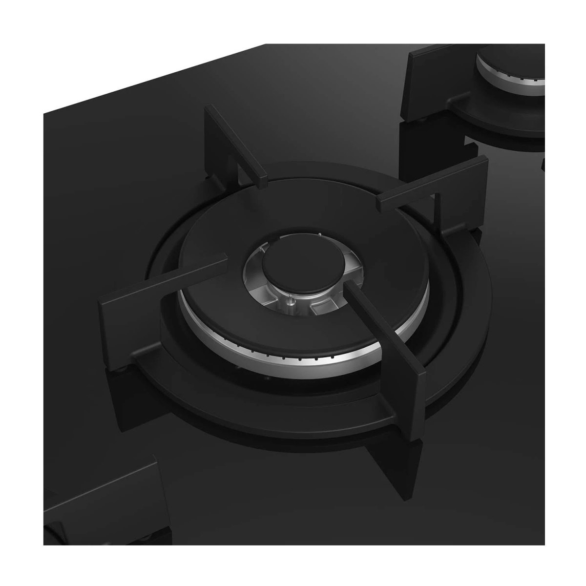 Zbliżenie czarnej płyty gazowej z czterema palnikami. Każdy palnik ma metalowy środek i czarne podpory.