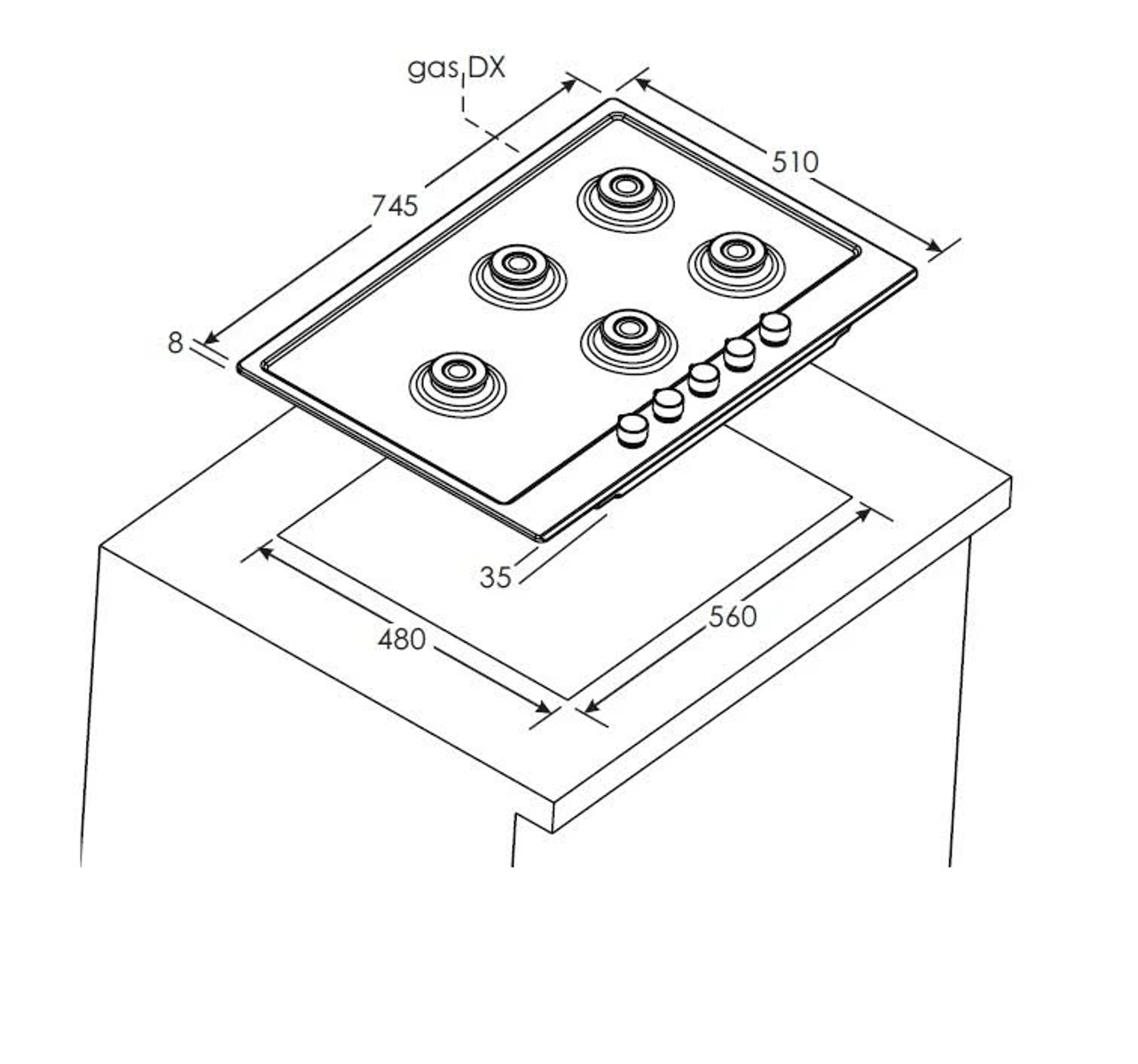 Disegno tecnico di un piano cottura con bruciatori a gas, che mostra le dimensioni e i dettagli di installazione su un bancone.