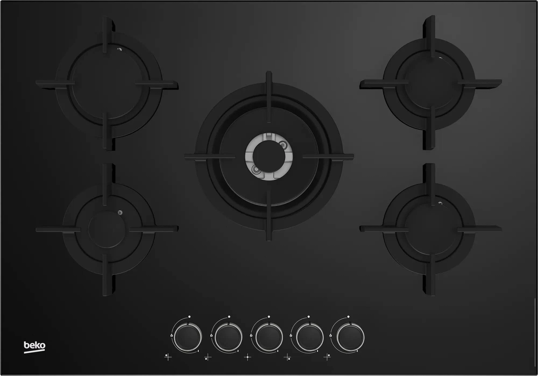 Widok z góry na czarną płytę grzejną z pięcioma czarnymi palnikami i pokrętłami sterowania.