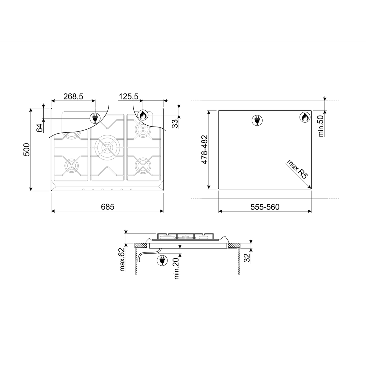 Diagrama de una placa de gas. Muestra dimensiones y disposición de los quemadores.