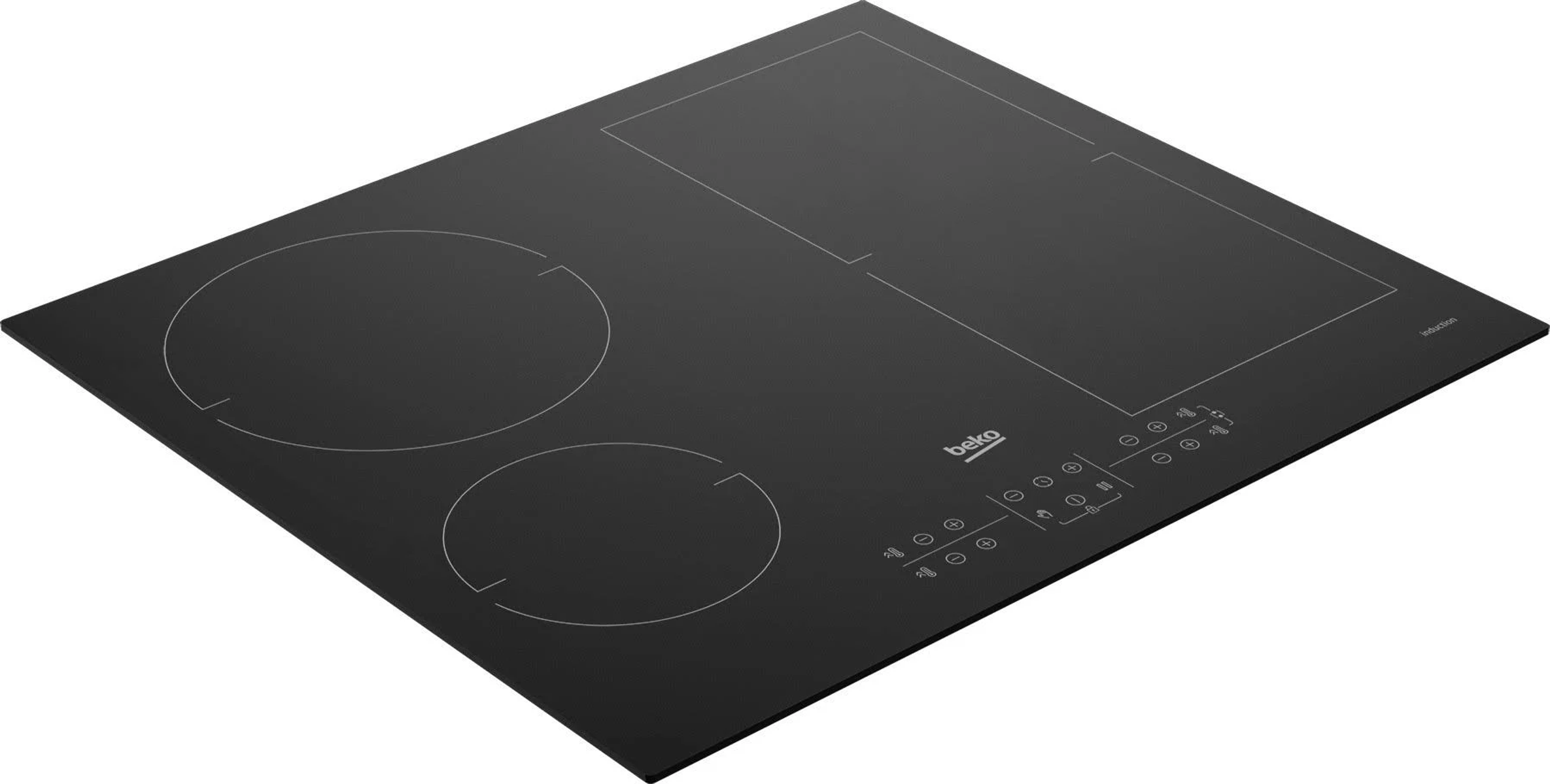Zwarte Beko inductiekookplaat met drie kookzones en touchbediening.
