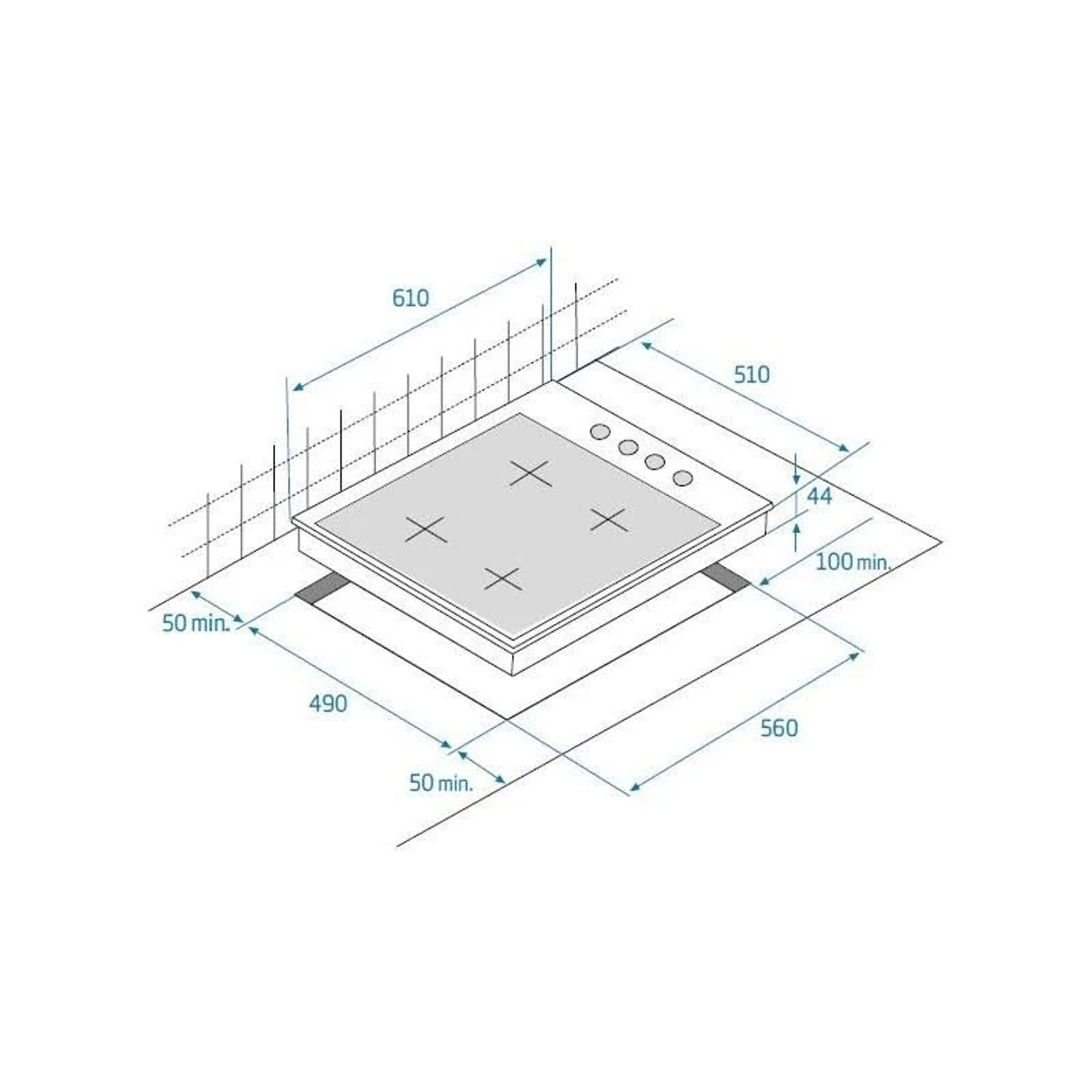 Rysunek techniczny pokazujący wymiary i układ instalacji płyty grzewczej.