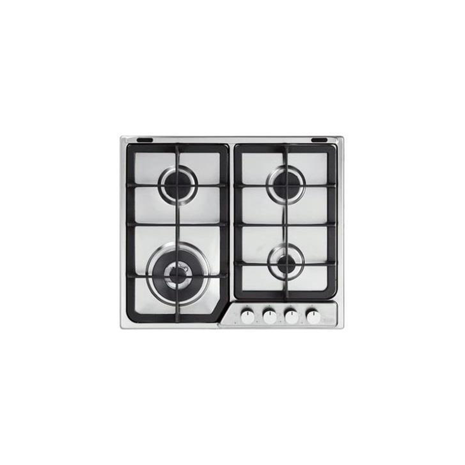 Płyta ze stali nierdzewnej z czterema palnikami. Po dwa z każdej strony, z pokrętłami poniżej.