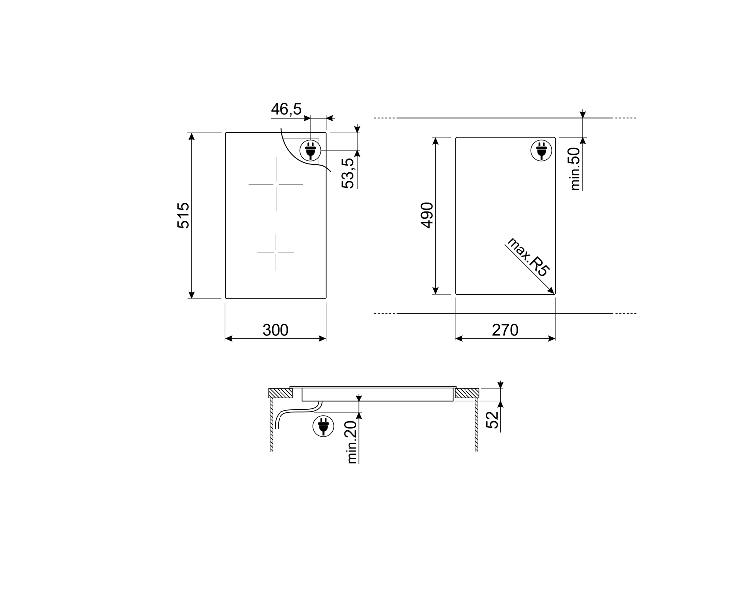 Diagrama dimensionado de una placa. Vistas superior y lateral con medidas en milímetros.