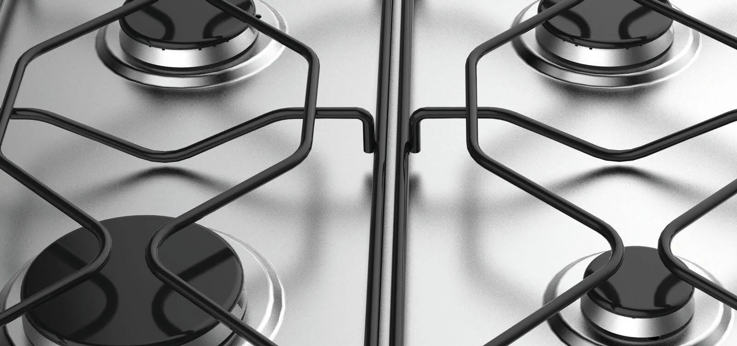 Płyta gazowa z pięcioma palnikami, powierzchnia ze stali nierdzewnej.