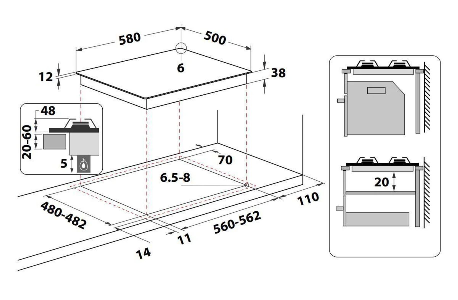 Schemat wymiarowy płyty grzewczej. Pokazuje wymiary w milimetrach do instalacji.