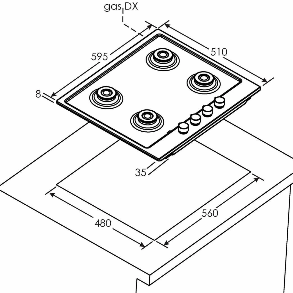 Schemat kuchenki gazowej z wymiarami. Pokazuje pozycje palników i wymiary.
