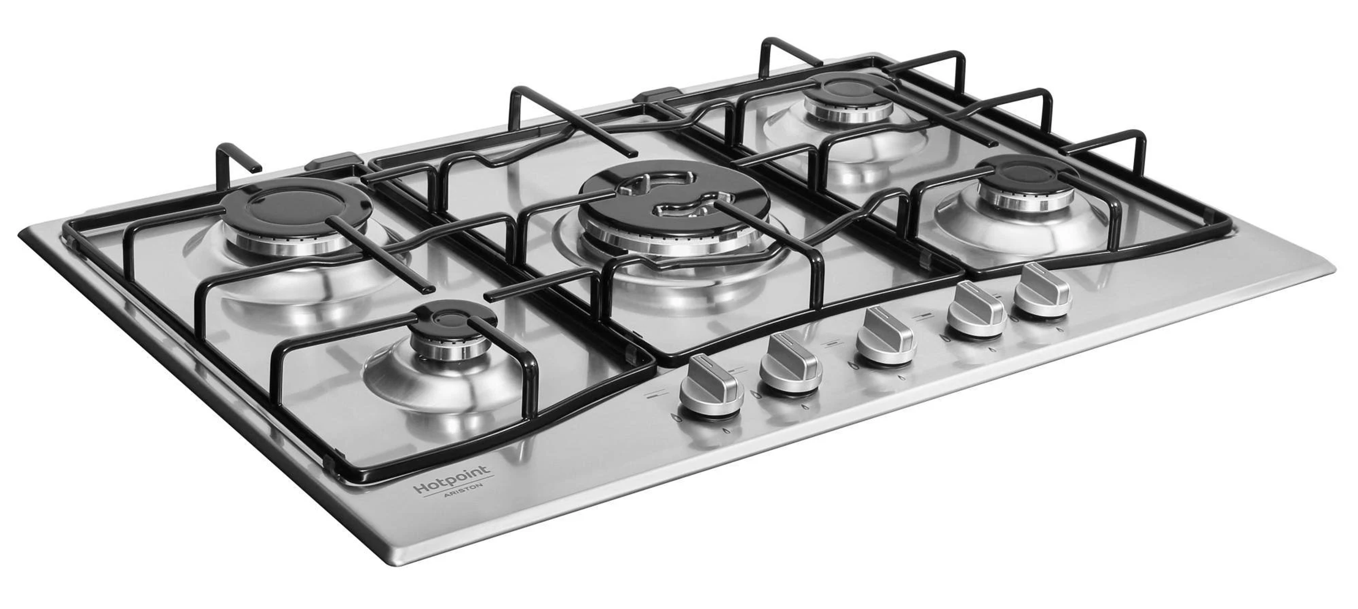 Płyta gazowa ze stali nierdzewnej z pięcioma palnikami. Ma pokrętła sterowania z przodu i czarne podpory palników.