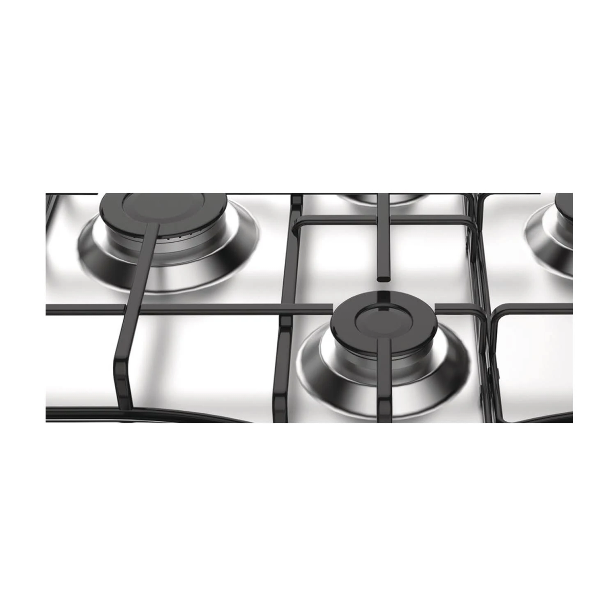 Zbliżenie palnika płyty gazowej. Czarna nasadka palnika i ruszt ze stali nierdzewnej.