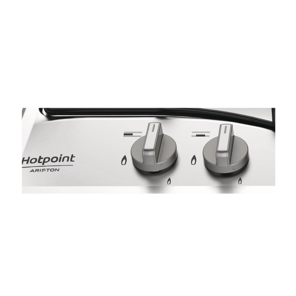 Zbliżenie pokręteł płyty gazowej z logo Hotpoint Ariston.