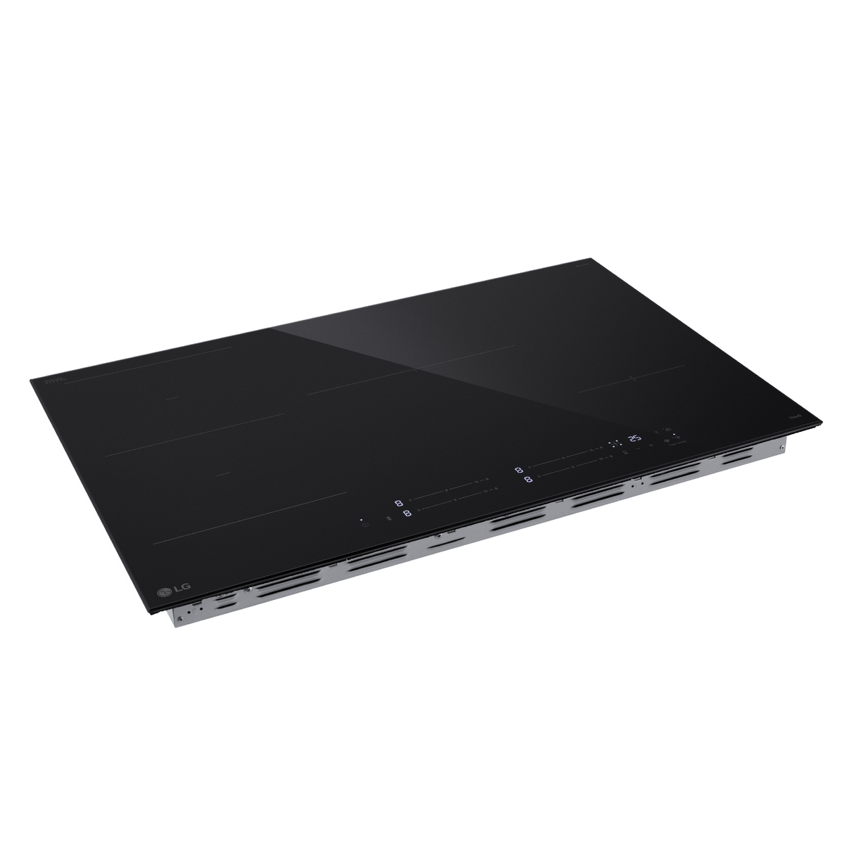 Un piano cottura a induzione nero LG con comandi touch. È su un bancone chiaro.