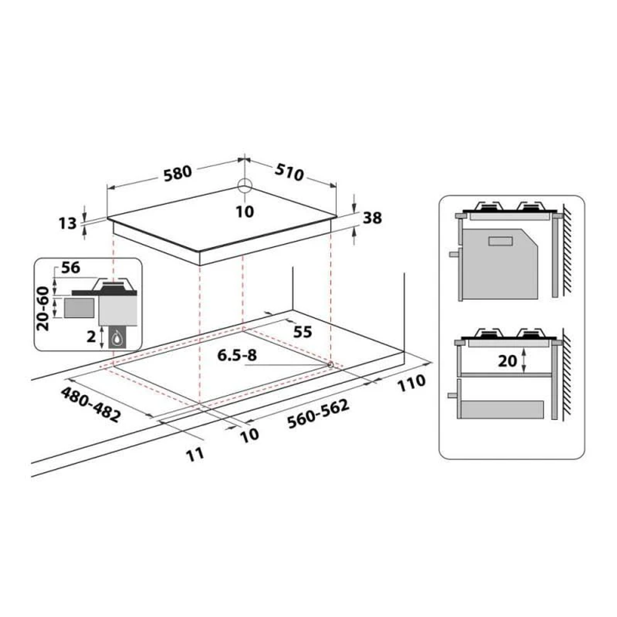 Dibujo técnico de una placa de cocina, que muestra las dimensiones y el tamaño del recorte necesario para la instalación.