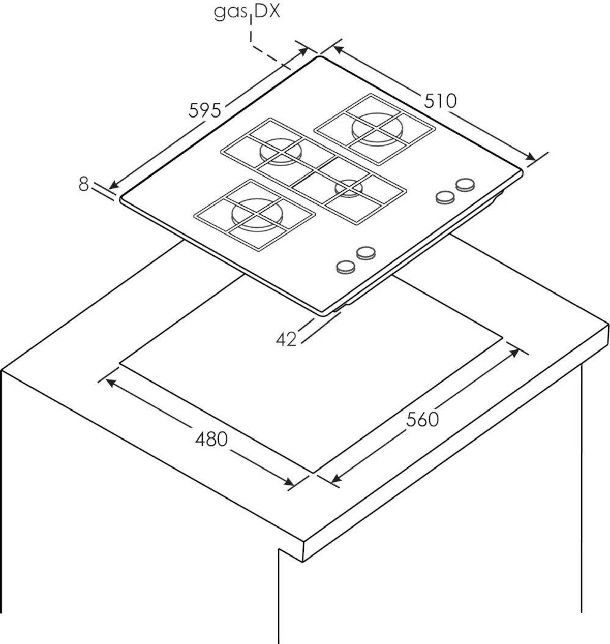 Schemat białej płyty gazowej z czterema palnikami. Podano wymiary, umieszczone na blacie.