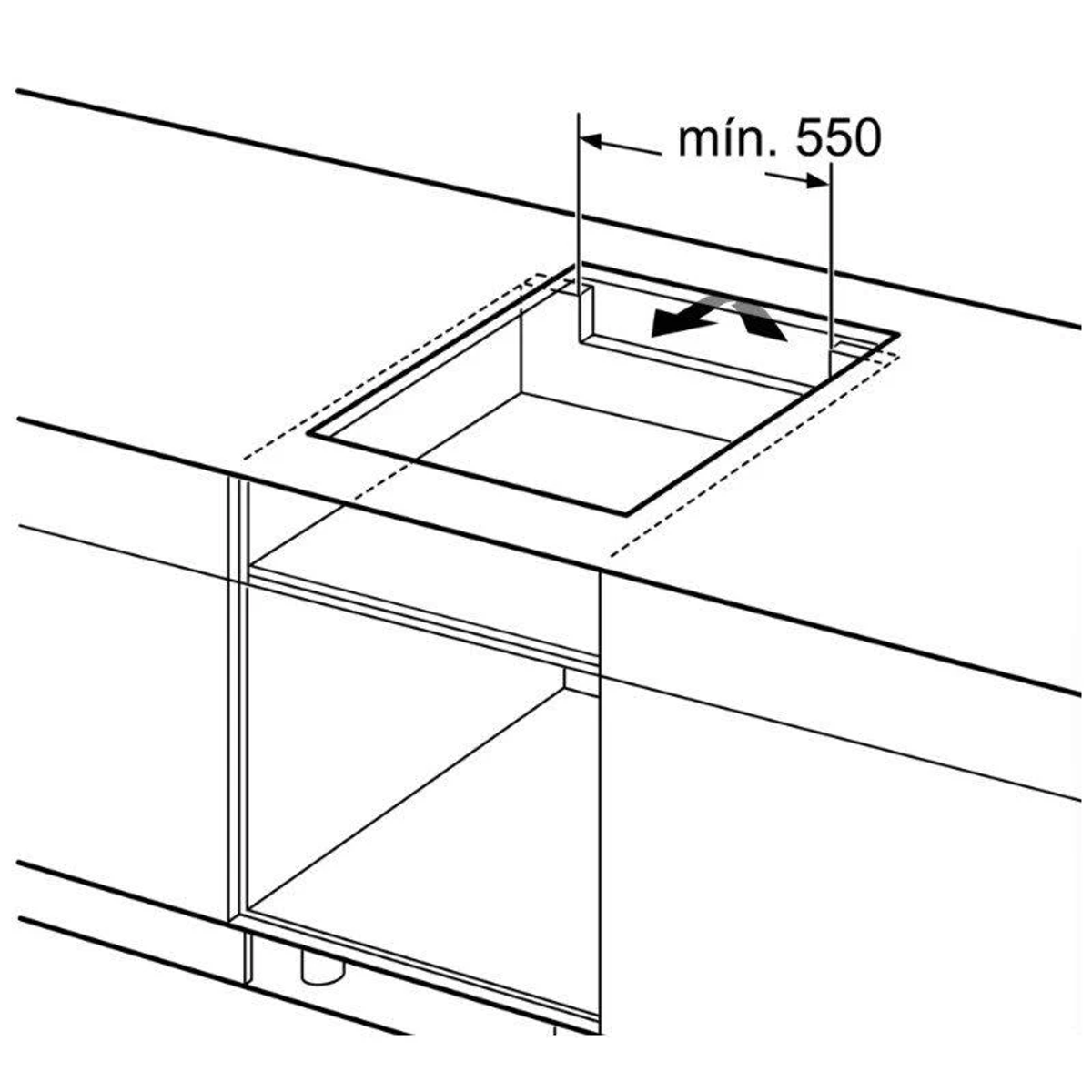 Diagrama que muestra un recorte para un electrodoméstico, mínimo 550 mm de ancho, con una flecha.