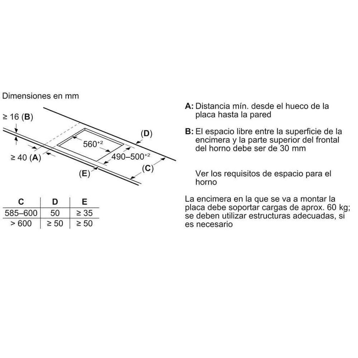 Diagrama con dimensiones en mm para una placa con texto en español.