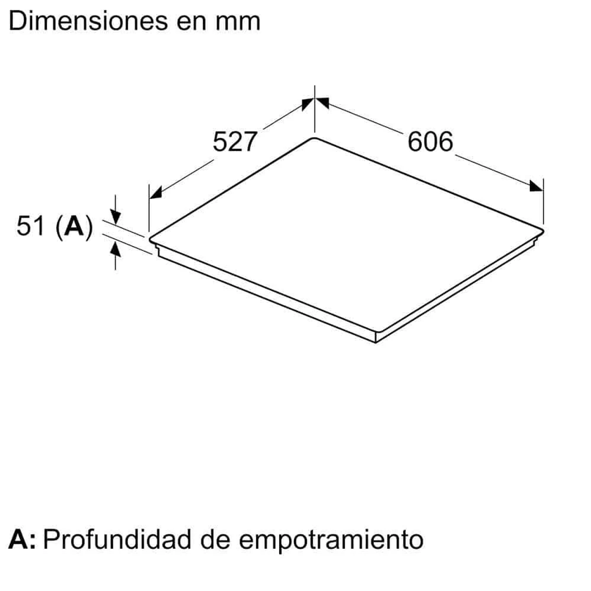 Diagrama con dimensiones de una encimera en mm. El texto dice: "Dimensiones en mm".