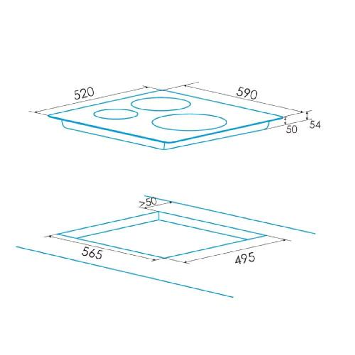 Diagrama de una placa de cocina con dimensiones, vista superior y vista de corte.