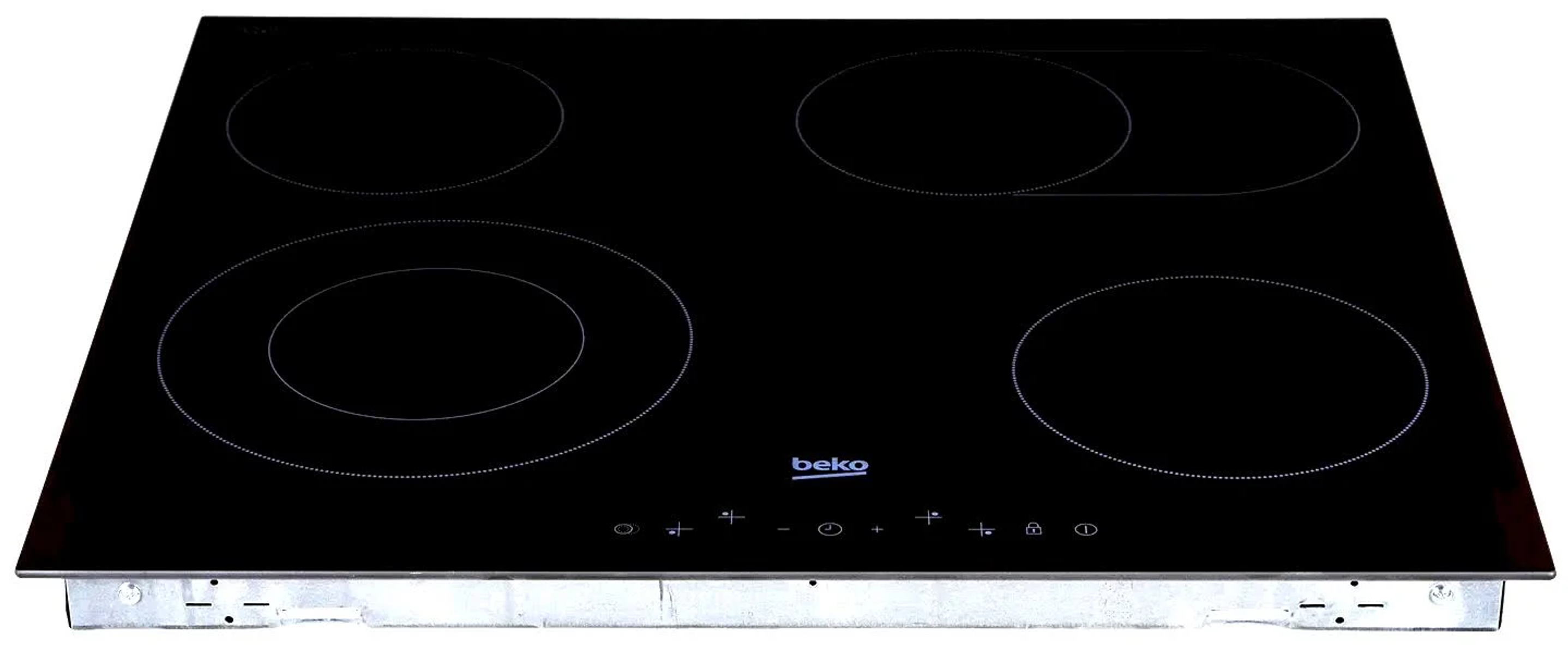 Czarna elektryczna płyta grzewcza z czterema elementami grzewczymi i przyciskami sterowania.